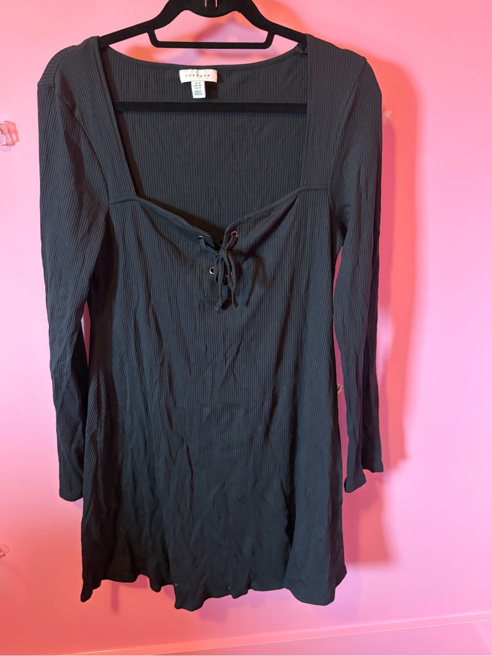 Topshop Black Ribbed Long-Sleeve Lace-Up Mini Dress